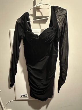 Black Long-Sleeve Mesh Detail Bodycon Dress